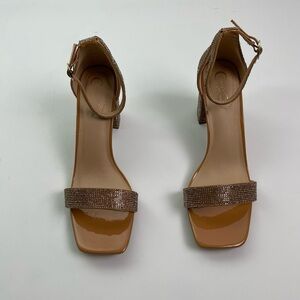 Elegant Tan Strappy Gold Strappy Sparkly Jewel Open Toe Square Heels Shoes
